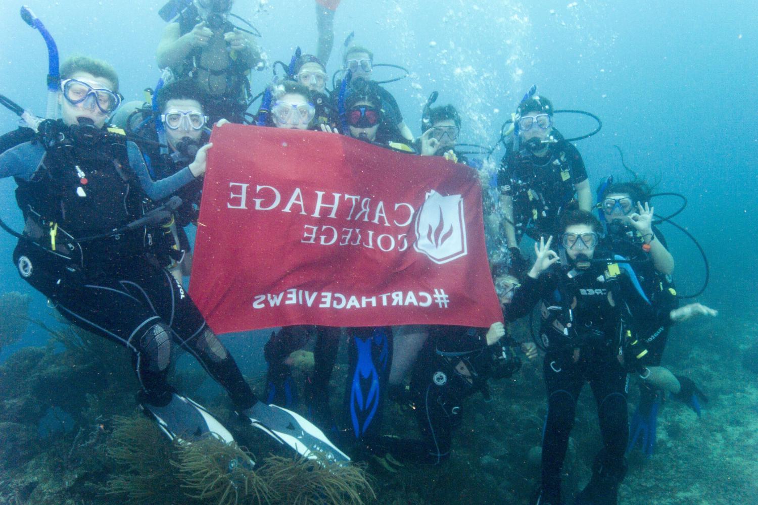 学生们手持<a href='http://yqk92.gzmaojs.com'>bv伟德ios下载</a>旗帜，在j学期洪都拉斯游学之旅中潜水.